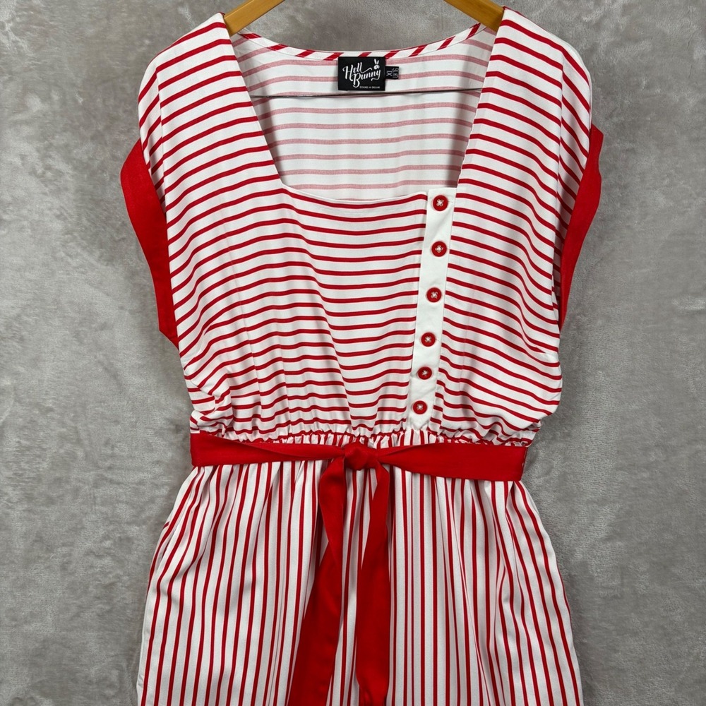 Hell Bunny Ahoy Dress XL UK 16 Red White Striped Nautical Retro Button Summer - Picture 5 of 14